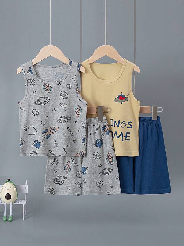4pcs Kids Rocket Print Tank Top And Shorts Pajama Set, Cartoon Spaceship Design, 100% Cotton, Lightweight Summer Sleepwear