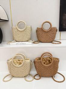 Sac en paille tressé de style simple Ins, en demi-cercle. Sac fourre-tout de plage fait main pour femmes, idéal pour les vacances