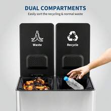 Broadfashion Trash Can, 2 X 4 Gallon (2 X 15 L) Garbage Can For Kitchen, Stainless Steel Step Trash Can With 2 Compartments, Plastic Inner Buckets And Soft-Close Lids, Airtight - Silver - View 4