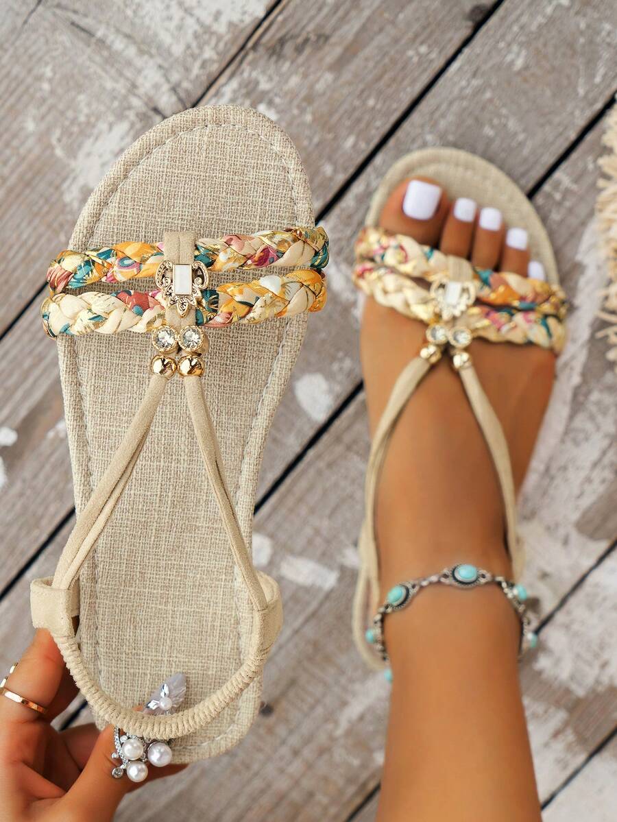 WRCVS Beige Shoes, Women's Flat Sandals Lightweight, Non-Slip Beach Shoes, Summer, Boho, Random Woven Retro Pattern, Handmade Beaded Holiday Shoes