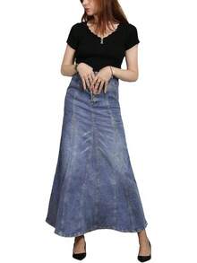 Women's Retro Exposure Button-Fly Packaged A-Line Maxi Long Skirt - Màu xanh nhạt - Xem 3