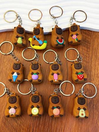 1/4pcs Kawaii Capybara Fruit Keychains – Cute Silicone Cartoon Animal Key Rings For Summer Party Favors, Graduation Gifts, Back To School, Friends & Couples – Banana, Avocado, Watermelon, Ice Cream Styles Car Accessories Goth Y2k
