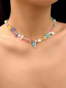 1pc Minimalist Faux Pearl & Letter Contrast Color Necklace, Rustic Woven Daisy & Rice Bead Necklace For Women - Multicolor - View 2