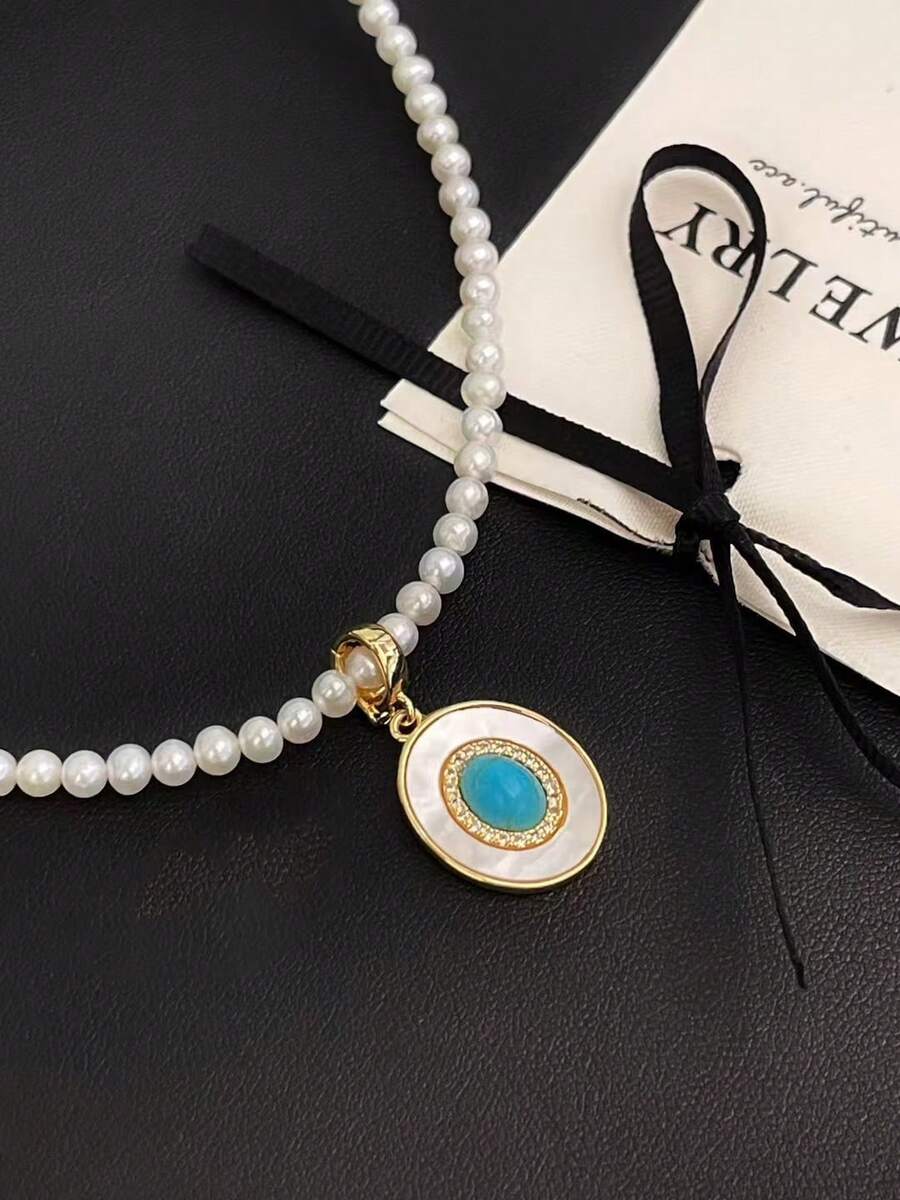 Pearl Jewelry Set, 3-4mm 4A Grade High Quality Freshwater Pearl + Turquoise Necklace, Near Round Shape, Elegant And Classy, Adjustable Clasp For Versatile Styling, Perfect For Mother's Day, Valentine's Day, Wife, Girlfriend Gifts. Comes With Delicate Gift Box. Quality Pearl Brand SXYUNUO. - White - View 1