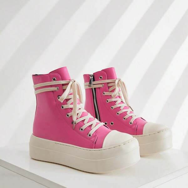 Zapatillas de moda minimalistas con suela gruesa, zapatos de mujer de colores tipo caramelo y tallas grandes, con cremallera lateral y cordones de caña alta para mujeres