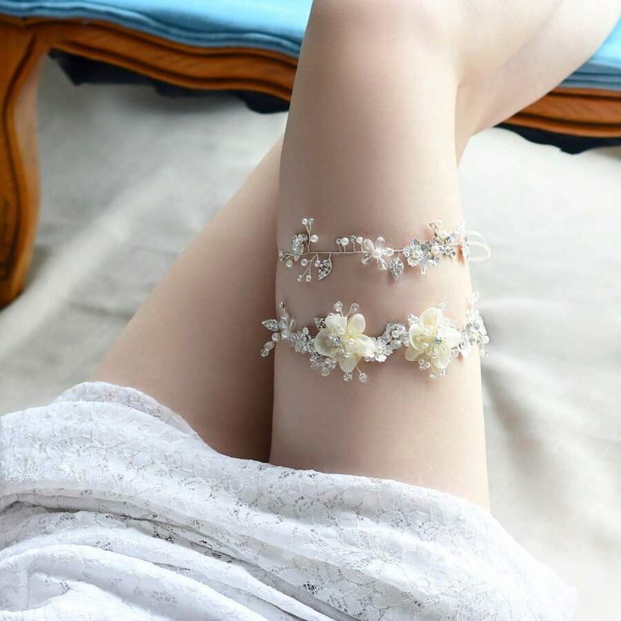 Bridal Garter Leg Rings, Forest Flower Wedding Dress Leg Straps, Crystal Pearl Leg Flowers, Lace Elastic Leg Straps, Wedding Bride Bridesmaid Accessories, Bridal Wedding Dress Romantic Atmosphere Dress - 白色寬頻 - 查看 1