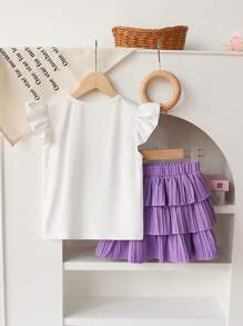 Set de 2 piezas de niña informal con blusa sin mangas con estampado de flor con moño y falda a rayas, adecuado para salidas y vacaciones de verano