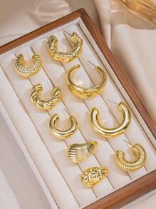 6-18pcs/Set High-End Gold-Color Chunky Twisted C-Shaped Teardrop Earrings Set, Suitable For Women Fashion Metal Geometric Round-Shaped Earrings, Personalized Exaggerated CCB Hoop Earrings Vintage Circle Earrings Set