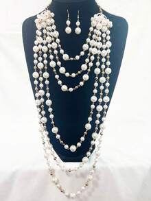 1pc Women Multi-Layer Pearl Necklace, Retro European & American Style Long Fashion Sweater Chain, Versatile Spring & Summer Accessory - White - View 5