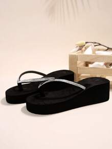 Chanclas de mujer de tiras finas, nueva moda de verano con cuña de suela gruesa, sandalias de playa con suela antideslizante gruesa, chanclas de dedo con cuña de tacón alto, adecuadas para exteriores, playa, boda