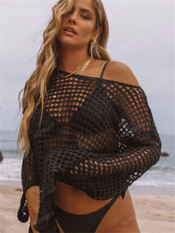 Vestido playero de punto hueco de unicolor, sexy, estilo europeo y americano nuevo para el verano, como cubierta para bikini y traje de baño