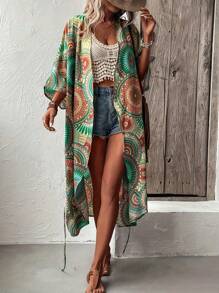 Women's Bohemian Vacation Casual/Long Allover Print Cover Up, Lightweight Allover Print Shawl Wrap Sunscreen Coat, Women Beach Cover Up With Belt, Ideal For Spring/Summer/Autumn