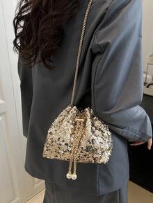 Women's Shiny Fashionable Street Style Drawstring Bucket Bag With Chain Strap Crossbody Bag - Gold - View 2