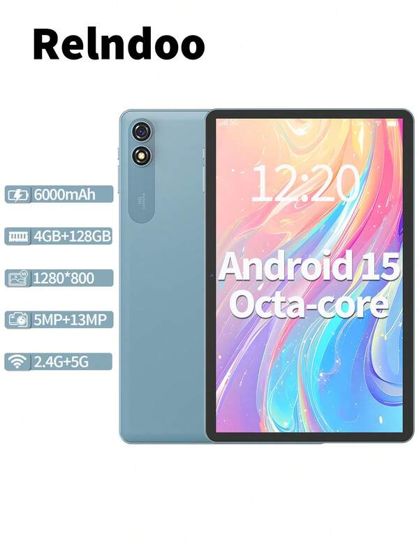 Relndoo Tablet Android 15 Tablet 10.1 Inch, T606 Octa-Core Processor 1.6GHz, (4GB+20GB) RAM+128GB ROM, 802.11n Wifi 2.4G/5G Wireless, 1280* 800 IPS FHD Screen, 6000mAh Battery, 13MP+5MP Camera, Dual Speakers, Supports 1TB SD Expansion, 5G WiFi, GPS(No Adapter)-Blue-Blue