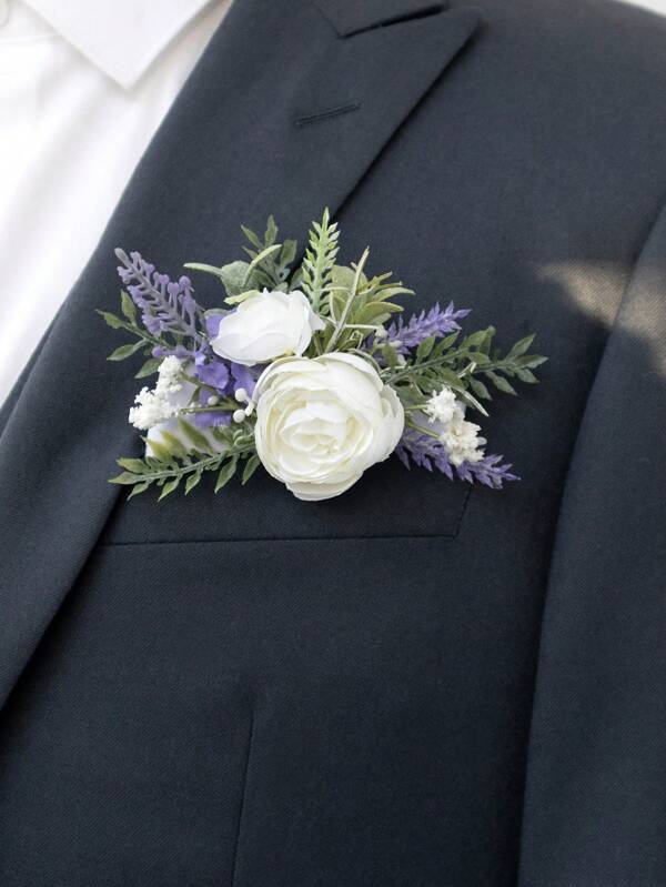 1Pc Pocket Boutonniere For Man Groom, Artificial Flowers For Wedding Decor/Prom/Homecoming/Graduation, Etc.White Lavender