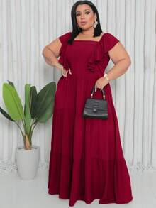 Plus Size Long Dress With Ruffle On The Shoulder - Burgundy - View 2