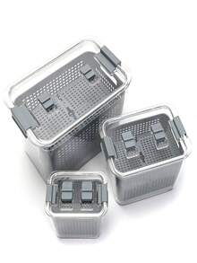 Juego de 3 recipientes para alimentos refrigerador envases herméticos apilables plástico resistente conservación almacenamiento transparente cocina hogar libre BPA fácil limpiar - Gris - Ver 3