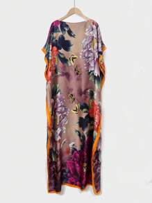 1 pièce Kimono en faux soie à imprimé floral, paréo de plage pour femmes avec protection solaire