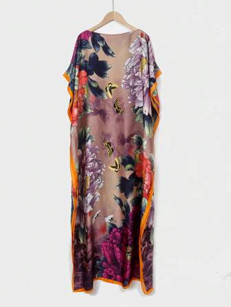 1pc Floral Print Faux Silk Kimono, Women Beach Cover-Up Sunscreen Scarf