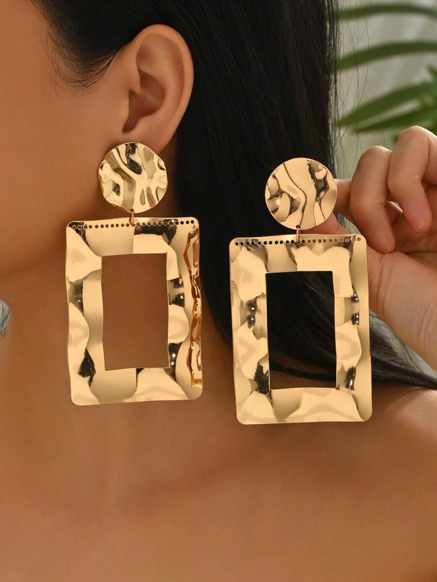 1 Cặp bông tai kim loại hình tròn và hình chữ nhật hiện đại, thanh lịch và phong cách cho tiệc tùng và đeo hàng ngày - Vàng - Xem 1