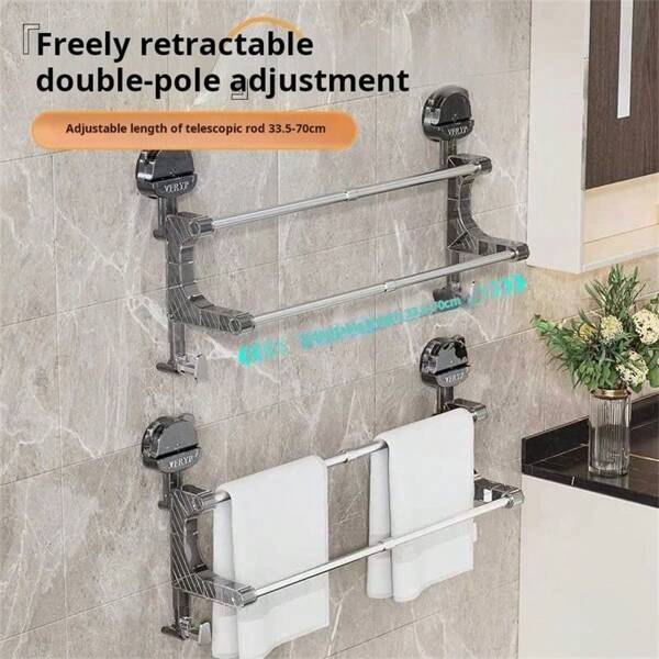 1 pieza Barra doble para toallas de baño de 40cm montada en la pared de acero inoxidable con ventosa, estantes ajustables para toallas para el hogar y el baño