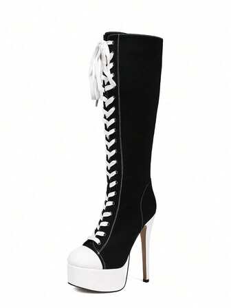Black & White Color Block Platform High Heel Side Zipper Lace-Up Fashion Boots