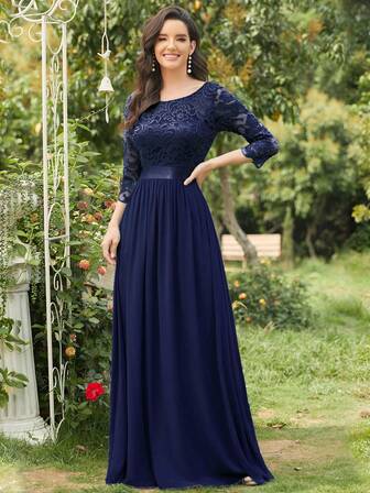 EVERPRETTY Elegant Round Neck Mid-Length Sleeve Lace High Waist Navy Blue Evening Dresses