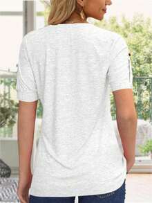 Women's Zipper Summer Pleated Button Short Sleeve T-Shirt Summer V-Neck Solid Color Casual Top - 白色 - 查看 3
