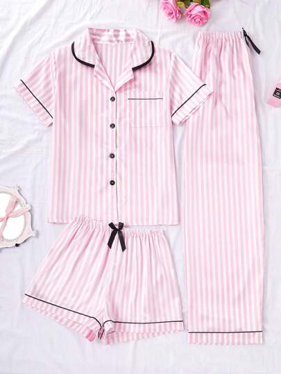 Piece Short Sleeve Top Shorts Pants Gestreepte Printed Pocket Homewear Set, Women Pyjama view 3