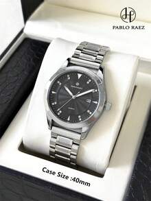 PABLO RAEZ 1pc Stainless Steel Men's Watch Black Suit Gentleman Wristwatch Top Brand New Luxury 50M Water Resistant Silver Color Jewelry Non Tarnish Simple Calendar Clock Men's Solid Bracelet Steel Chain Quartz Watch Fashion Diamond Scale High Level Business Wristwatch For Daliy Use Luminous Hand Gift For Father Or Male Friends Birthday Graduation Wedding Presents