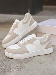 1 Pair Women Casual Sneakers, Color Block Perforated Design, White Flat Sporty Shoes, Soft Sole Lightweight, Versatile Casual Skate Shoes - Brown - View 2