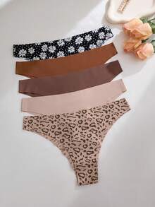 5pcs/Pack Women's Leopard Print Seamless Bikini Briefs, Comfortable Low Waist Panties - Multicolor - View 6