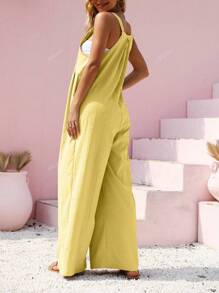 Vacation Casual Solid Color Button Strap Wide Leg Jumpsuit