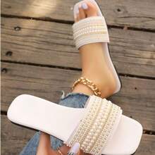 Women's Slip-On Sandals With Rhinestone Decorations, Casual & Versatile Plastic Flat Sandals, Summer - White - View 1
