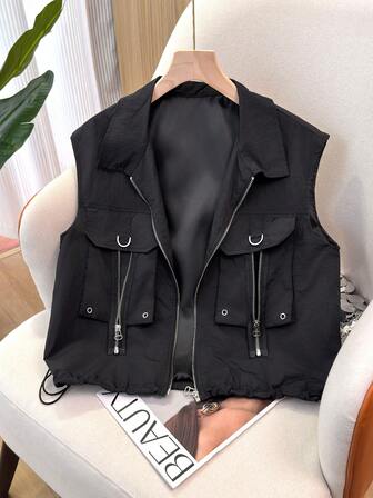 Chaleco sin mangas casual para mujer, con diseño de cremallera personalizada y bolsillos dobles, de tela tejida con forro de doble capa, estilo callejero corto y de moda