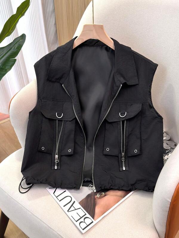 Women's Casual Sleeveless Vest,Personalizedy Zipper Dual Pocket Design, Woven Fabric Double-Layer Lining, Short Fashionable Street Style Black Summer
