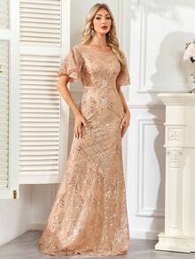 hezixi High-Quality Elastic Sequin , Very Comfortable To Wear, Suitable For Different Body Wear, With A Perspective Round Neck Long Sleeved Slim Fit Fishtail Hem Featuring A Unique Design - Champagne - View 7