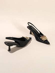 Women's New Fashion High Heel Pumps With Pure Metal Buckle Decor, Thin Heels, Chinese Style Outdoor Shoes, Metal Sequins Soft Bottom Pointed Toe Slip-On Mules - Black - View 5