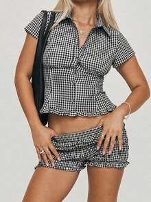 Women's Summer Plaid Print Shirt, Short Sleeve Turn Down Collar Button Down Slim Fit Blouse - 黑色 - 查看 3