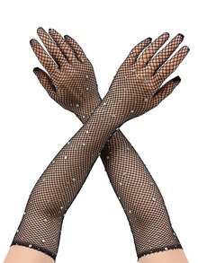1pair Mesh Long Gloves Party Dress Up Fishnet Gloves Dance Costumes Photography Props Performance Gloves Gifts, Mesh Long Gloves Party Skirts Dressing Up Fishnet Gloves Photography Props Punk Hip Hop Show Gloves Party, Sexy Stretch Rhinestones Mesh Gloves Diamond Full Finger Gloves Fishnet Gloves