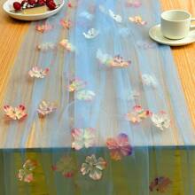 1pc Ruched Table Runner, Semi-Sheer Bali Crinkle Chiffon Table Runner, Bohemian Style Polyester Table Scarf, Suitable For Wedding Table Decor, Boho Countryside Party Bridal Shower Decoration