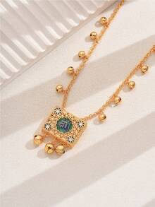 1pc Vintage Geometric Hollow Square Pendant Necklace With Bell Charm, Elegant For Women Party Wear - Multicolor - View 3