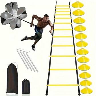 Set di allenamento Agility Ladder per calcio, include coni, paracadute di resistenza, picchetti a terra, accessori da palestra per velocità e coordinazione