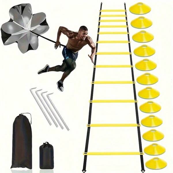 Fußball Beweglichkeitsleiter Trainingsset, beinhaltet Kegel, Widerstandsfallschirm, Bodenhalterungen, Geschwindigkeit & Koordinationsleiter Fitnessgeräte-Zubehör