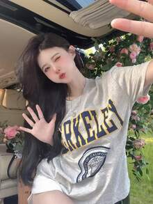 Letter Print Loose Fit Crew Neck Short Sleeve T-Shirt, Versatile Gray Top - Grey - View 5