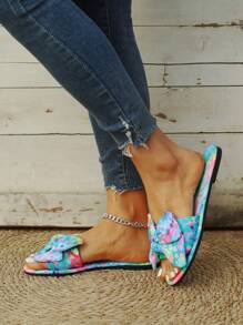 Colorful Floral Flat Sandals, Sexy Party Slippers With Butterfly Decor, Bohemian Style Holiday Beach Sandals, Elegant Resort Beach Boho Chic, Cute Wedding Commute Lolita Style , Fabric Bow Spring Summer Autumn Beach Wedding Party Outdoor