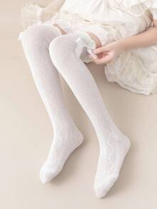 1 Pair Girls Rhombus Mesh Bow Over The Knee Socks, Fashion Casual Versatile, Skin-Friendly Soft Breathable, Suitable For Daily Life, Festivals, Princess Dress, Back To School