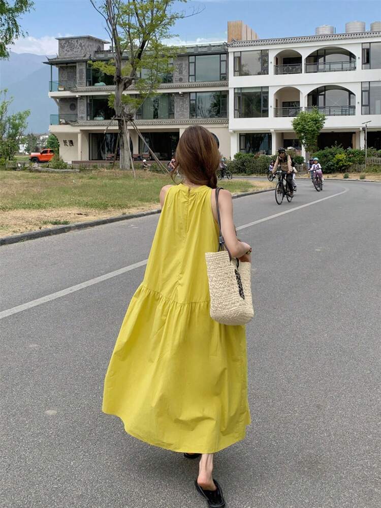Đầm hở vai màu vàng phong cách Pháp mùa hè, dáng rộng thoải mái, thanh lịch - Màu vàng - Xem 5