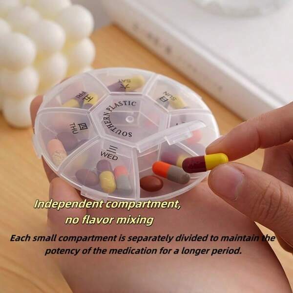 7-Compartment Circular Portable Pill Box, Compact Weekly Medicine Organizer, Plain Color