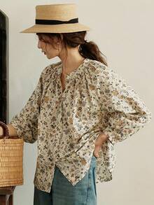 Ditsy Floral Printed Loose Layered Bluzka, Elegancki Casual Top Dla Kobiet
